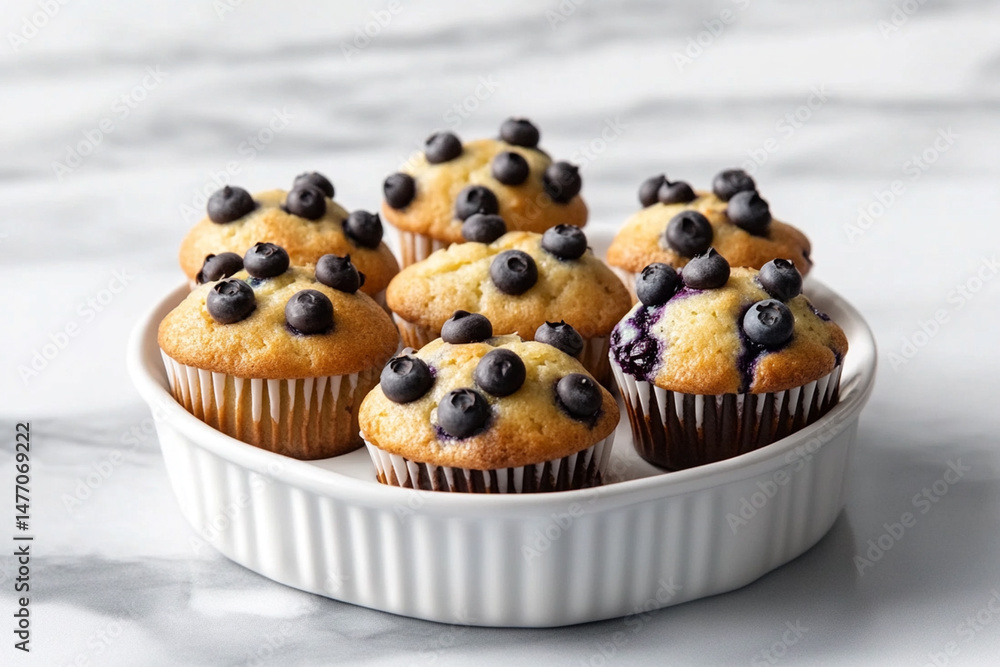 Mini blueberry chocolate chip muffins on a white ceramic dish Mini blueberry chocolate chip muffins on a white ceramic dish