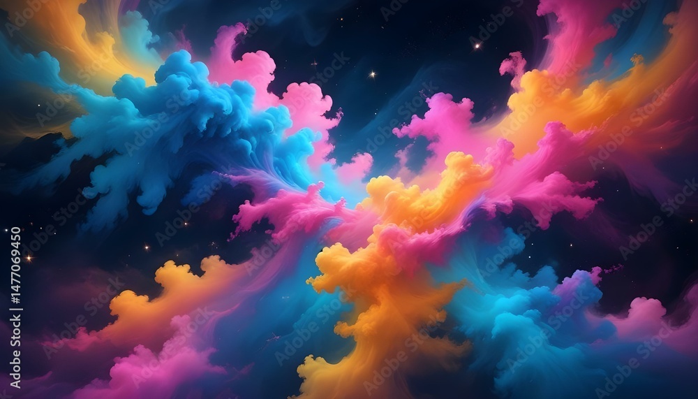 Colorful swirling clouds and stars create a beautiful and vibrant cosmic space illustration. Colorful swirling clouds and stars create a beautiful and vibrant cosmic space illustration.