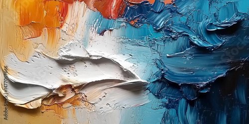 Vibrant abstract oil painting with blue, pink, and yellow hues, created with palette knife techniques, showcasing textured layers on canvas with dynamic color blending