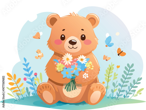 Chubby baby bear holding a bouquet of wildflowers, illustrated with soft pastel tones and organic minimalist lines. Great for kids' room decor and sweet stationery.