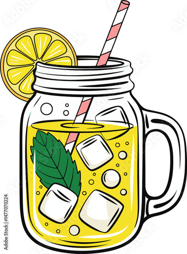 handle glass jar of yellow lemonade with straw ice and mint design stock photos