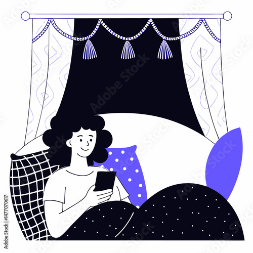 A black silhouette of a cartoon girl on the bed gazes out a window at a summer night sea