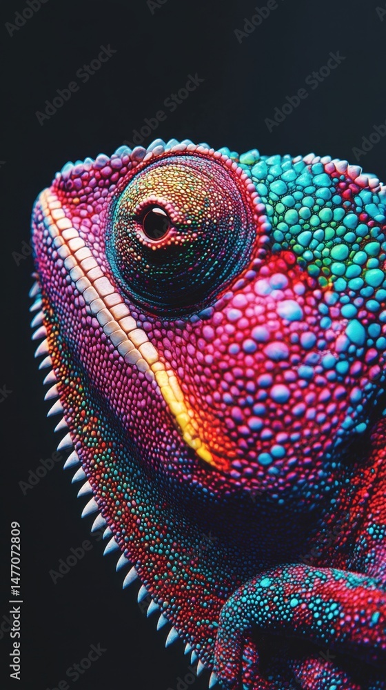 Obraz premium Close Up of Colorful Chameleon Head on Dark Background Macro Exotic Pet Reptile Eye Detail Bright Colors