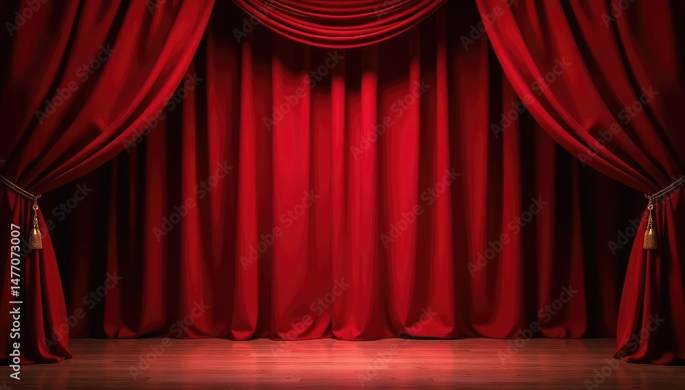 Fototapeta premium Velvet stage curtain, deep red, closed, ready for the show , show, folds
