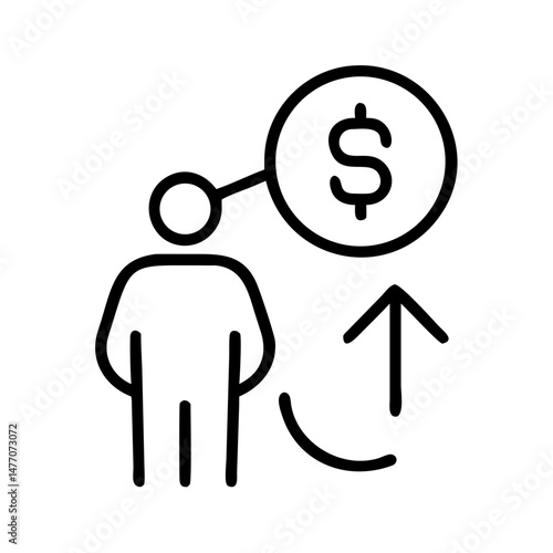 Line icon of person with upward arrow and dollar sign, salary increase or income growth concept, black and white financial outline symbol