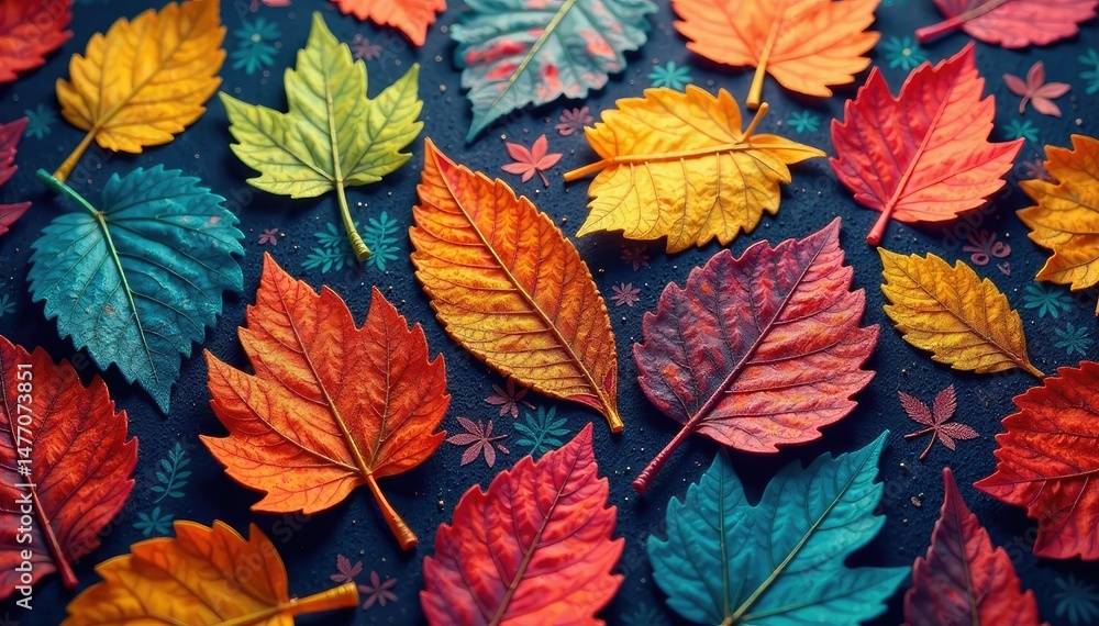 Repetitive leaf print on fabric, close-up view, art, pattern, wallpaper Repetitive leaf print on fabric, close-up view, art, pattern, wallpaper
