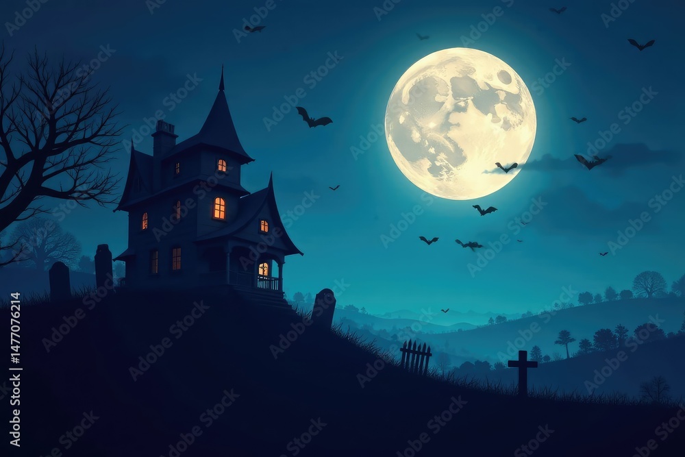 Spooky graveyard at night, full moon, haunted house silhouette Perfect for Halloween projects , creepy backdrop, stock photo Spooky graveyard at night, full moon, haunted house silhouette Perfect for Halloween projects , creepy backdrop, stock photo