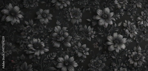 Intricate black charcoal floral wallpaper, luxurious botanical design, interior, design