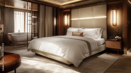 A luxurious, well-designed bedroom with a contemporary bed, crisp white sheets, and soft, fluffy pillows, with a clean and minimalist aesthetic