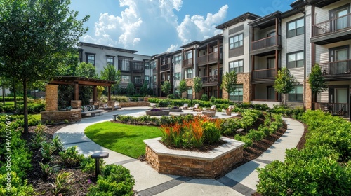 Modern apartment buildings feature a central courtyard with landscaping