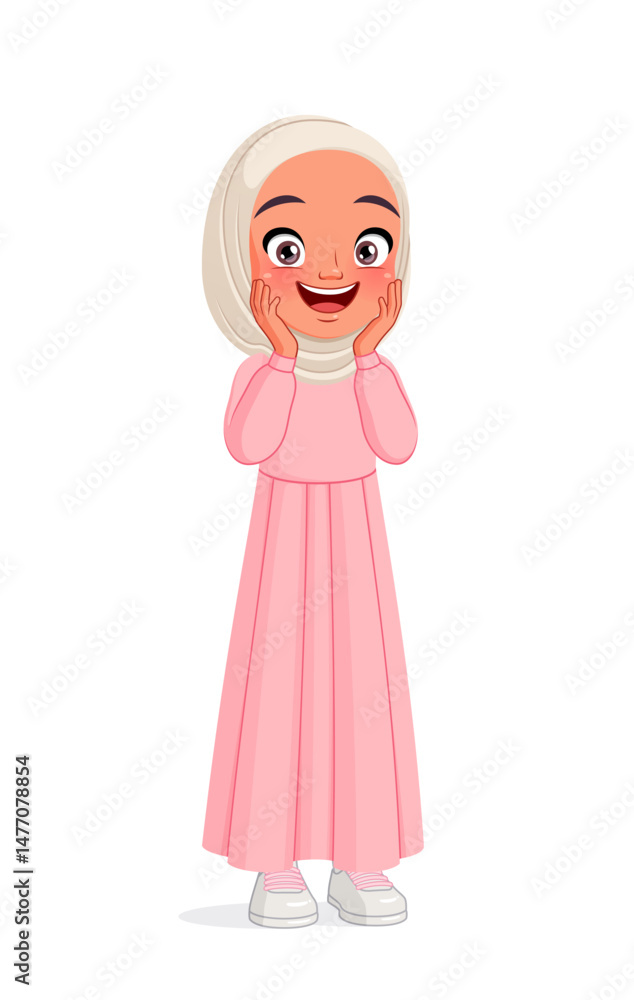 Happy excited young Muslim girl in hijab with hands on cheeks. Cartoon vector illustration. Happy excited young Muslim girl in hijab with hands on cheeks. Cartoon vector illustration.