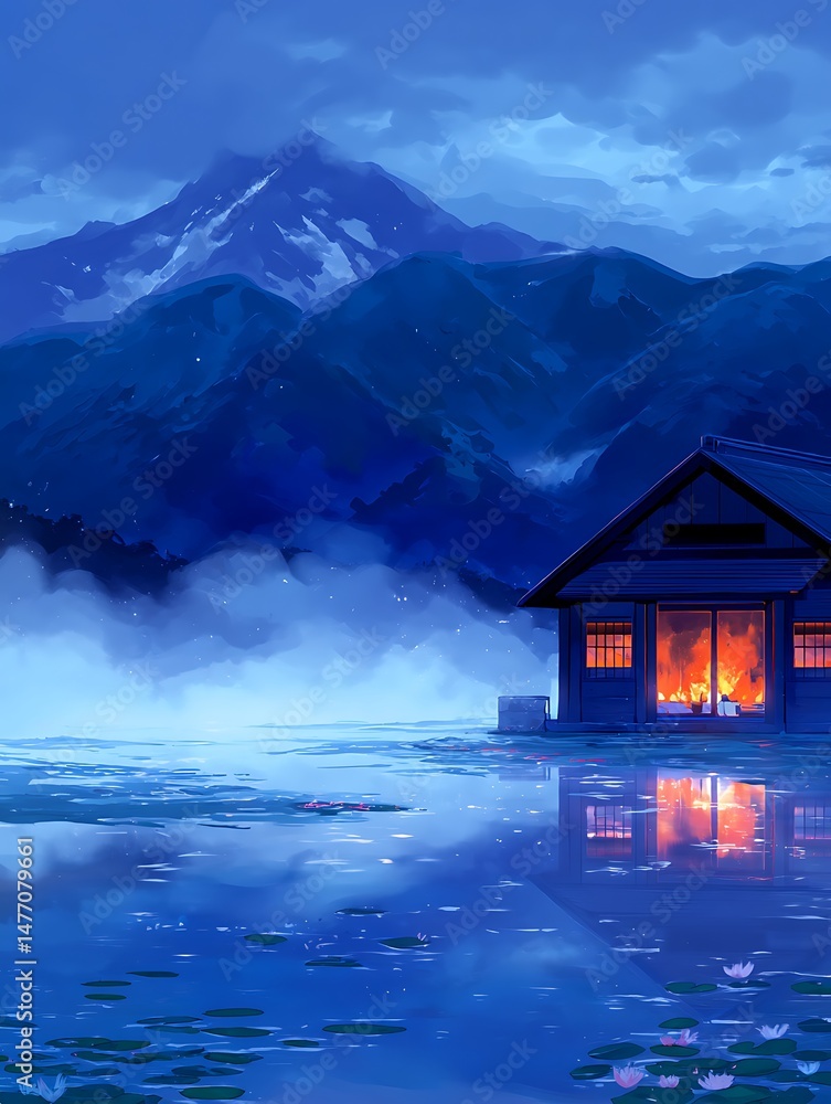 Fototapeta premium Serene Lakeside Cabin at Dusk with Mountain Views. A peaceful illustration of a cozy cabin nestled by a tranquil lake, reflecting the warm glow of a fireplace against a majestic mountain backdrop.