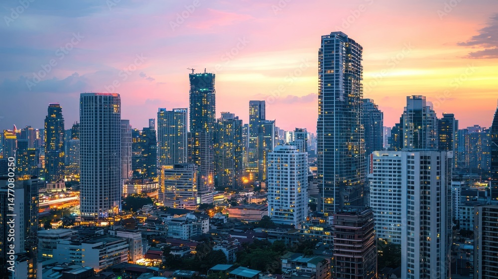 Fototapeta premium A City Skyline Illuminated Under a Colorful Evening Sky