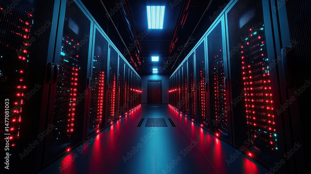 Dark server room illuminated by vibrant lights. Dark server room illuminated by vibrant lights.