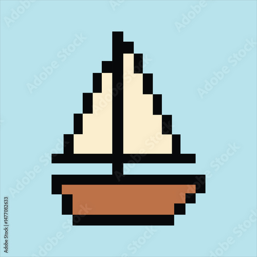 Retro 8-bit sailboat icon on soft sky blue pixel background
