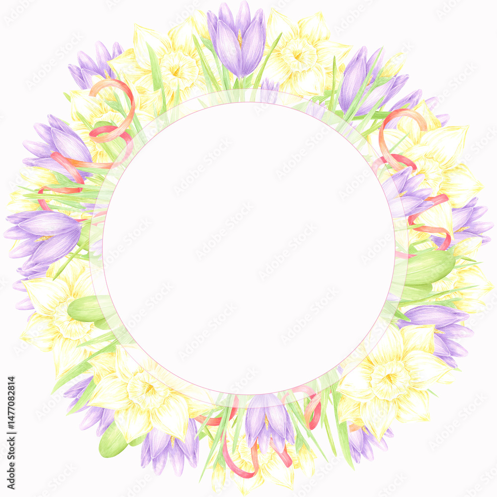 Hand drawn watercolor daffodil and crocus with green leaves and red ribbon wreath frame border isolated on white background. Can be used for postcard, invitation, scrapbook and other printed products. Hand drawn watercolor daffodil and crocus with green leaves and red ribbon wreath frame border isolated on white background. Can be used for postcard, invitation, scrapbook and other printed products.