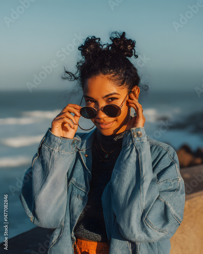 Fashionable Young Woman Walking and Adjusting Sunglasses