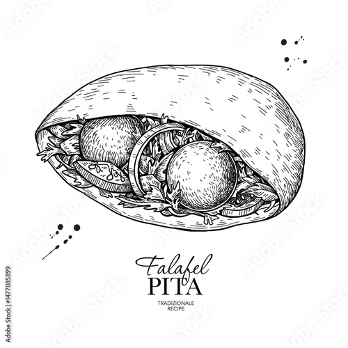 Pita with falafel ball and vegetable vector drawing. Halal Street fast food sandwich sketch. 