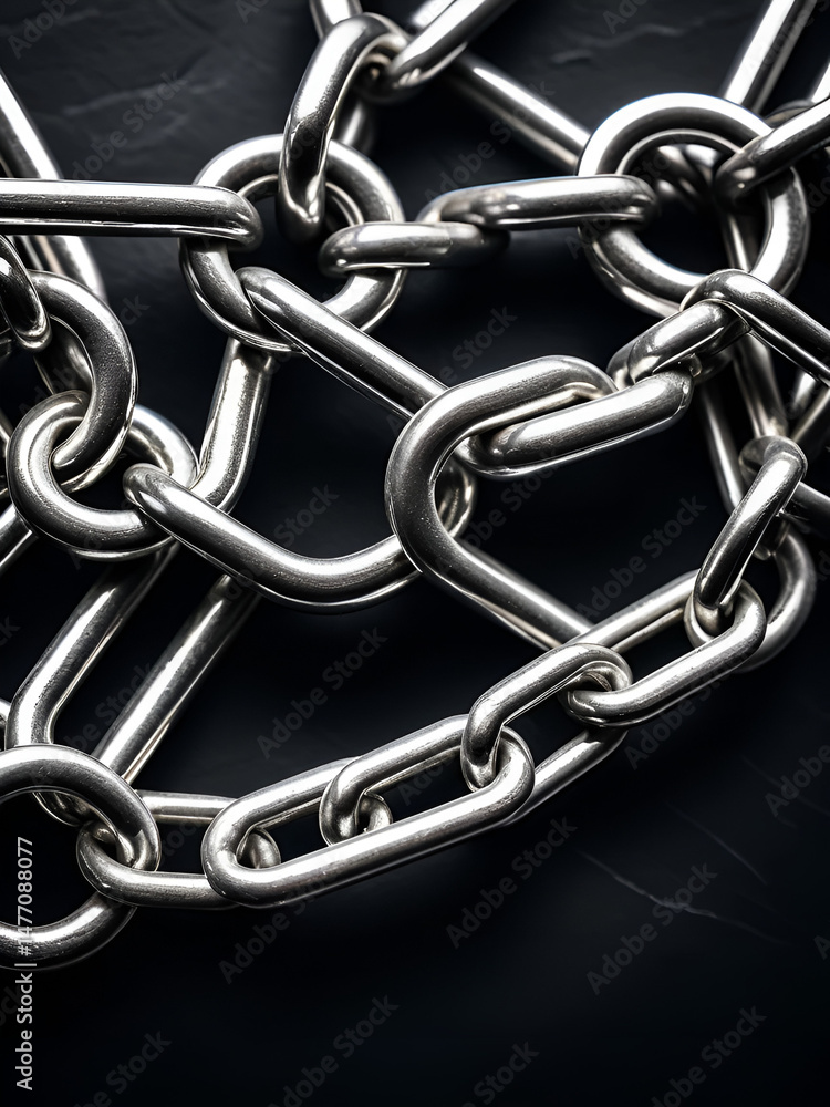 Fototapeta premium A detailed close-up of interlinked metal chains against a dark, moody backdrop represents strength, connection, and resilience, symbolizing unbreakable bonds and solidarity.