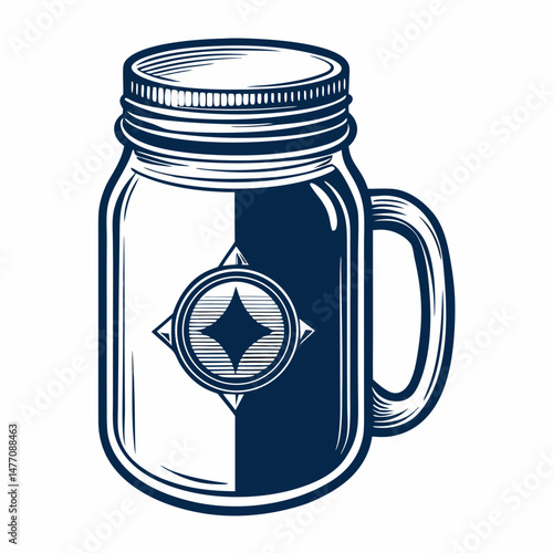 A mason jar adorned with a green leaf resting on its surface, showcasing a natural and rustic aesthetic.