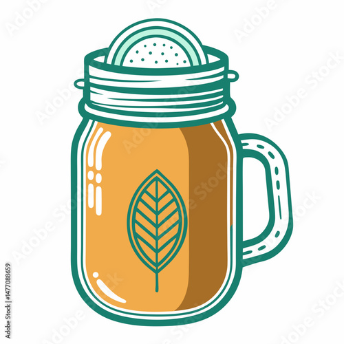 A mason jar adorned with a green leaf resting on its surface, showcasing a natural and rustic aesthetic.