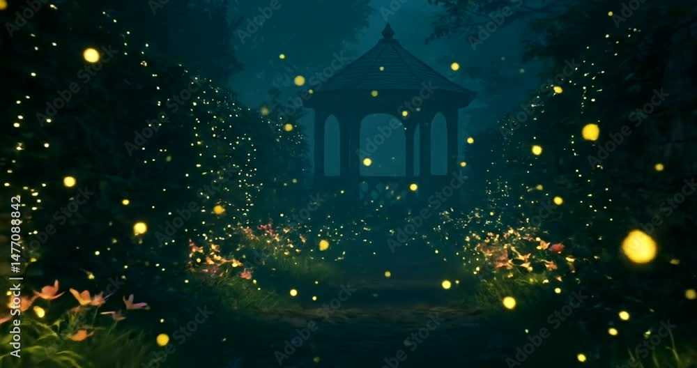 Glowing Lights in Dark Garden with Gazebo Slow Motion Glowing Lights in Dark Garden with Gazebo Slow Motion