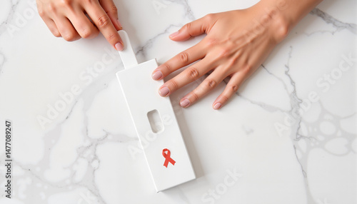 Hands opening test box for HIV screening on marble surface - Concept of World AIDS Day  