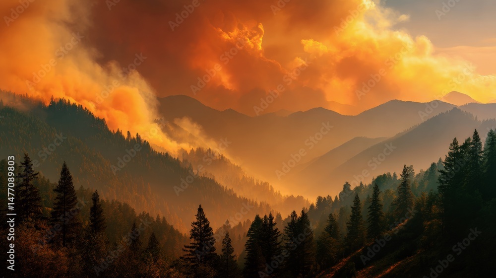 Obraz premium Wildfire spreading through pine forest with heavy smoke and glowing sky over mountains
