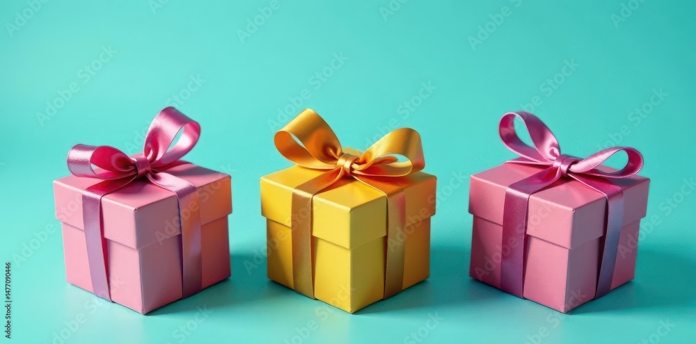 Obraz premium Colorful gift cards shaped as present boxes with satin bows, turquoise background , top view, present, deal