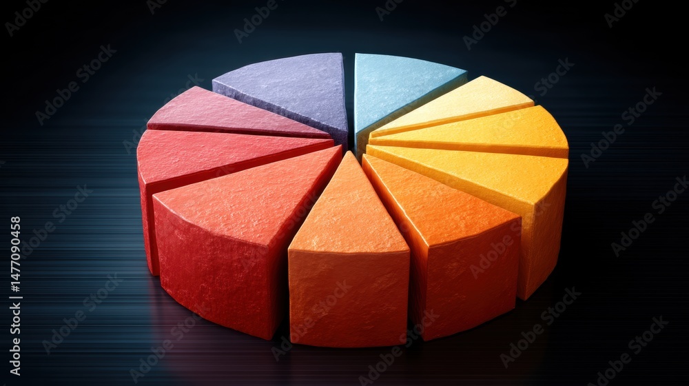 Obraz premium Vibrant 3D Digital Pie Chart Representation with Segments in Bright Colors on a Dark Background