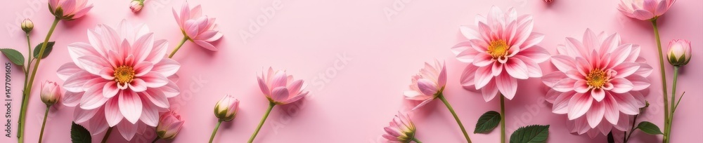 Obraz premium Pastel pink dahlia blossom, overhead view Minimalist floral flat lay , card, minimal