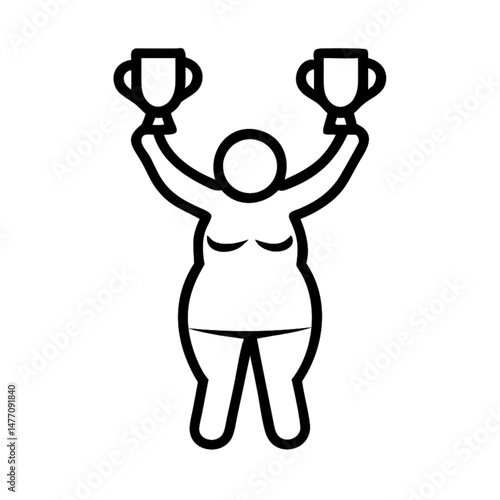 Celebratory figure holding trophies in an outline style, icon, vector  