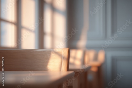 empty classroom with rows of wooden desks and clean white walls drenched in sunlight from large