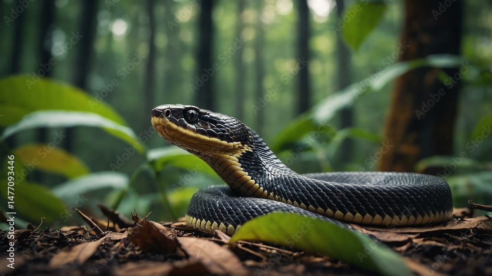 Fototapeta premium Wild animal snake in front of a forest background
