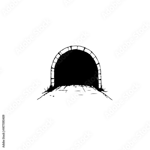 Monochrome depiction of a stone archway leading into a darkened tunnel entrance