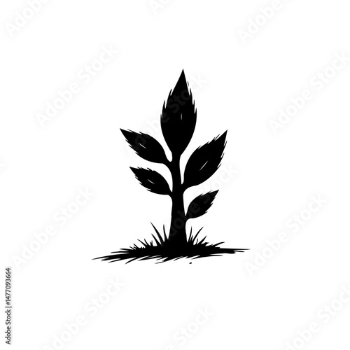 Monochrome depiction of a young plant emerging from the ground upwards, minimal design