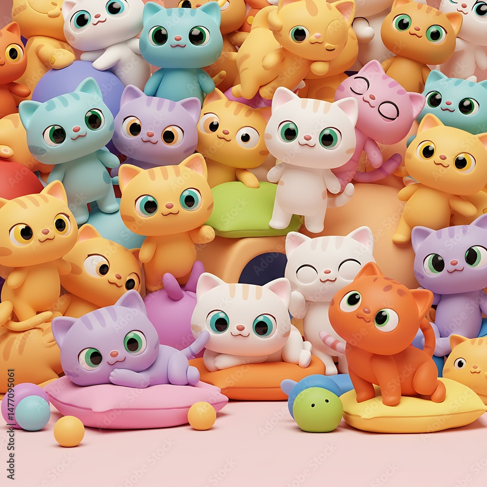 Naklejka premium Cute Cartoon Kittens Pile, Playful 3D Render