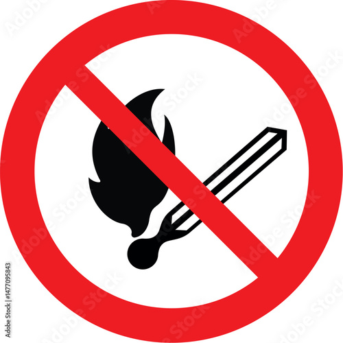 red circular prohibition sign with black matchstick and flame symbol, indicating no open flames allowed