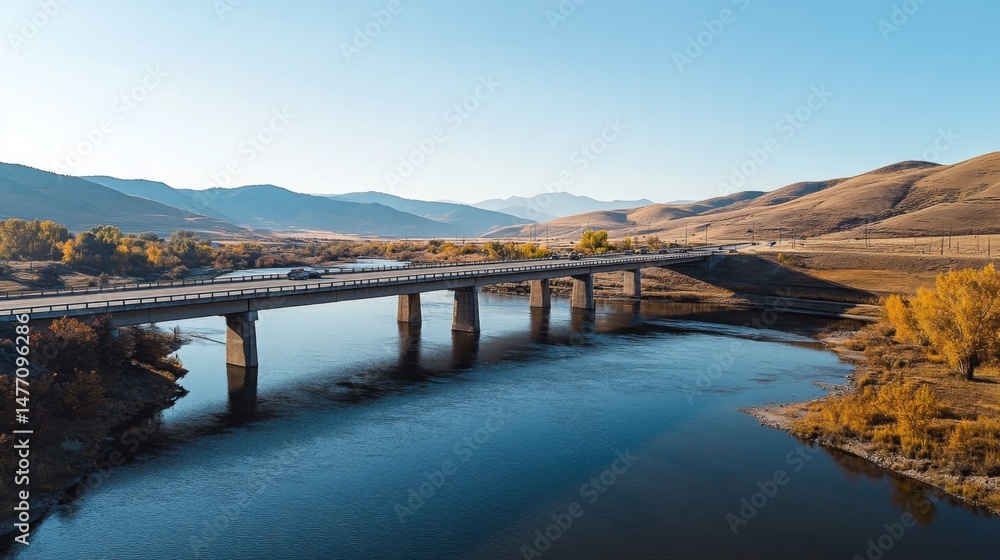 Obraz premium A scenic expressway bridge spanning over a river, with clear skies above and vehicles moving across, symbolizing connectivity and long-distance travel