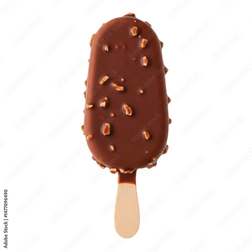 Fototapeta premium Chocolate-covered ice cream bar with nut topping on a wooden stick, isolated