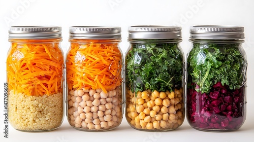 Colorful salad ingredients stored in mason jars lined up in a row.