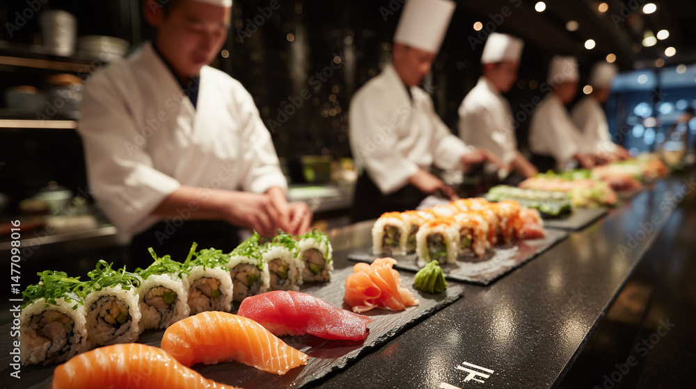 Skilled Sushi Chefs Preparing Artistic Rolls with Fresh Ingredients in Modern Restaurant Skilled Sushi Chefs Preparing Artistic Rolls with Fresh Ingredients in Modern Restaurant