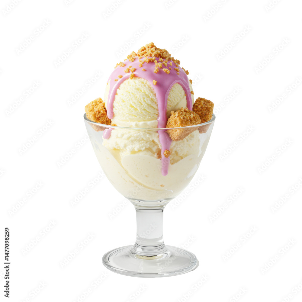 Delicious ice cream sundae with pink syrup and sprinkles in a glass dish Delicious ice cream sundae with pink syrup and sprinkles in a glass dish