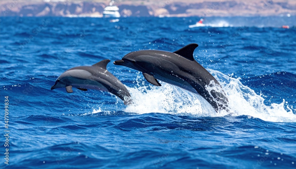 Fototapeta premium Dolphin duo dynamically leap and splash through azure ocean waves, creating a vibrant aquatic scene