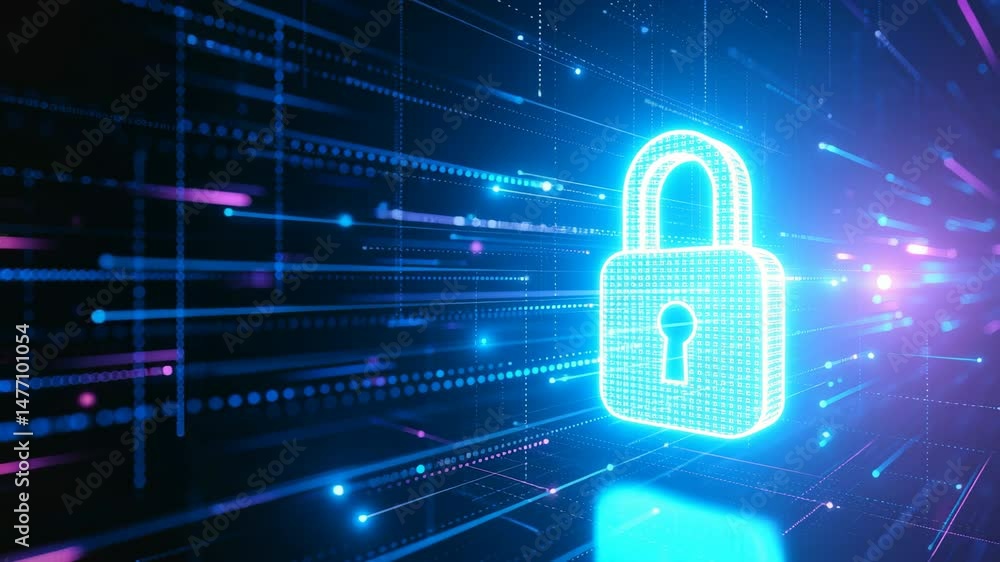 3D glowing padlock with futuristic data stream background 3D glowing padlock with futuristic data stream background