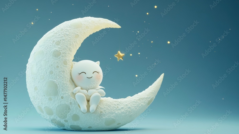 Obraz premium Cute cartoon character sleeping on a crescent moon under a starry night sky.