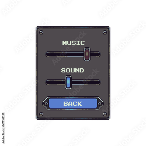 Music player bar, audio interface controller pixel art design, retro 80s gaming app, video game, flat style, old school computer graphic design, 8-bit sprite, game assets, vector illustration.