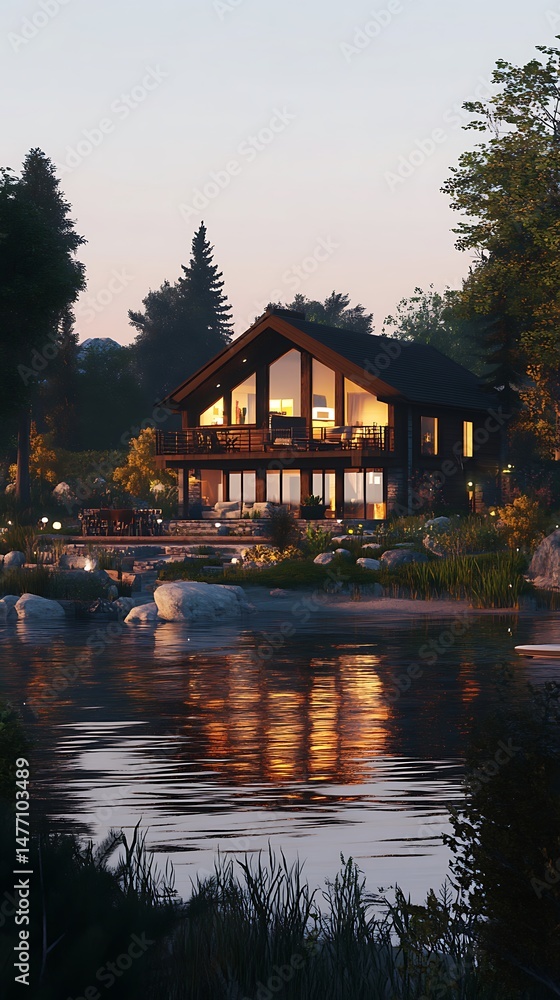 Fototapeta premium Waterside residence at dusk architectural illustration