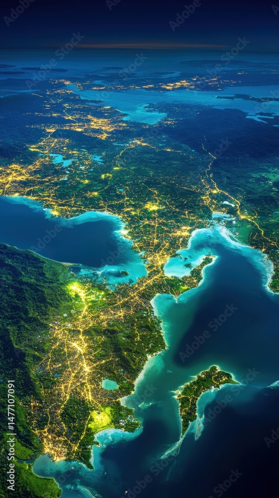 Obraz premium Aerial View of Coastal City at Night, Bright City Lights, Green Landscape, Turquoise Sea, High Angle, Beautiful