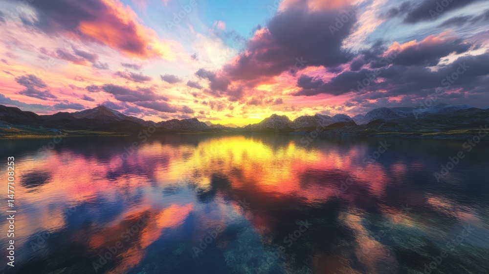 A breathtaking sunset over a tranquil mountain lake, with the fiery colors of the sky reflecting in the water. A breathtaking sunset over a tranquil mountain lake, with the fiery colors of the sky reflecting in the water.